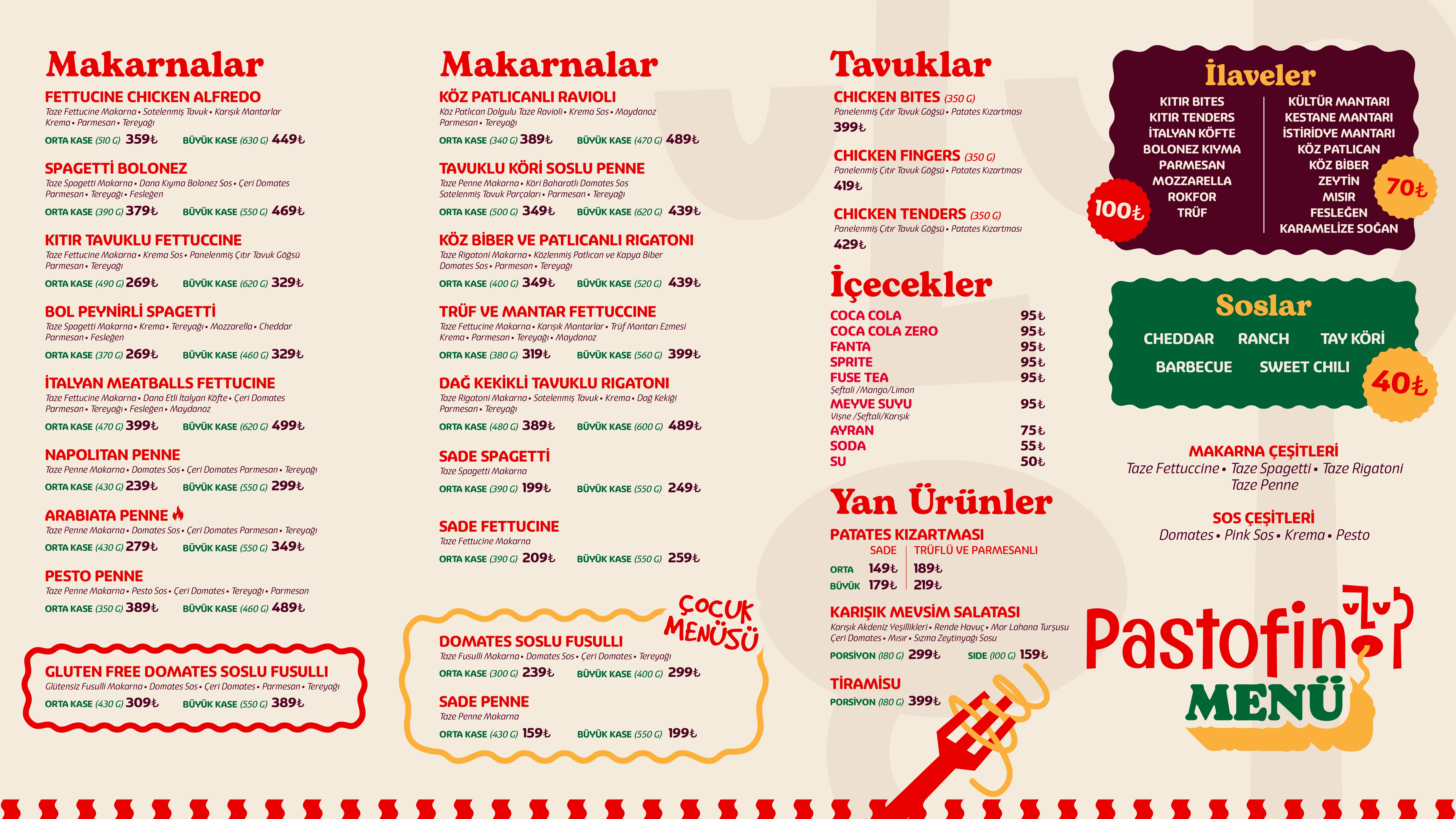 Pastofino menüsü: makarnalar, tavuklar, yan ürünler, içecekler, ilaveler ve soslar